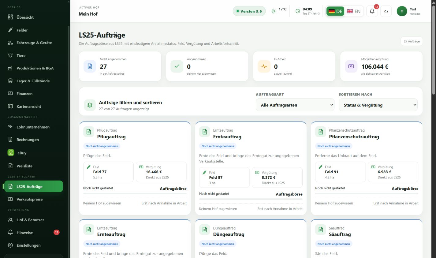 Originalaufnahme: LS25-Aufträge in FarmDashboard PRO