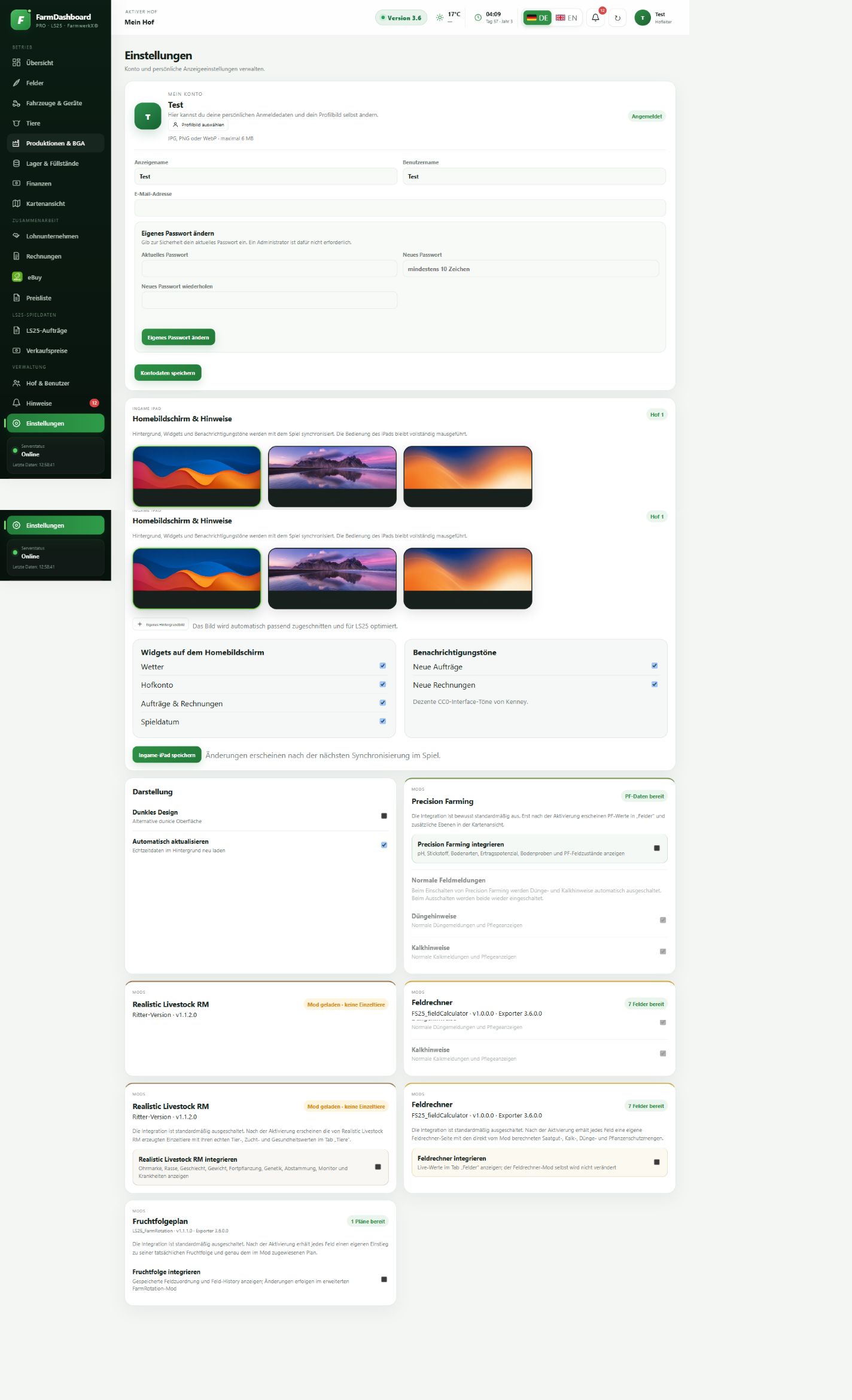 Originalaufnahme: Einstellungen in FarmDashboard PRO