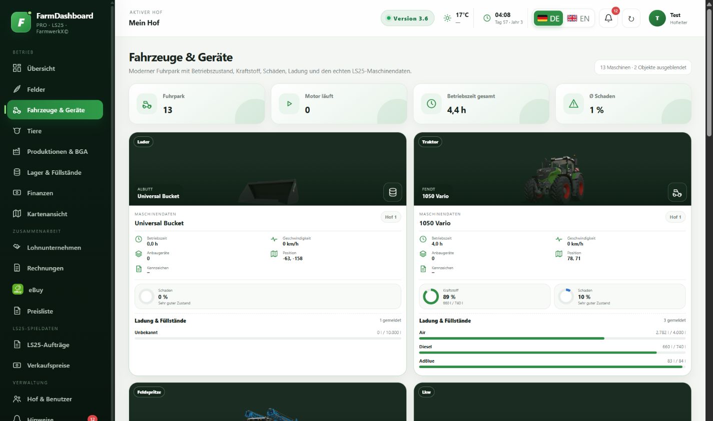 Aktuelle Originalaufnahme vom 16. September 2026: Fuhrpark mit Maschinenbildern und Betriebsdaten in FarmDashboard PRO