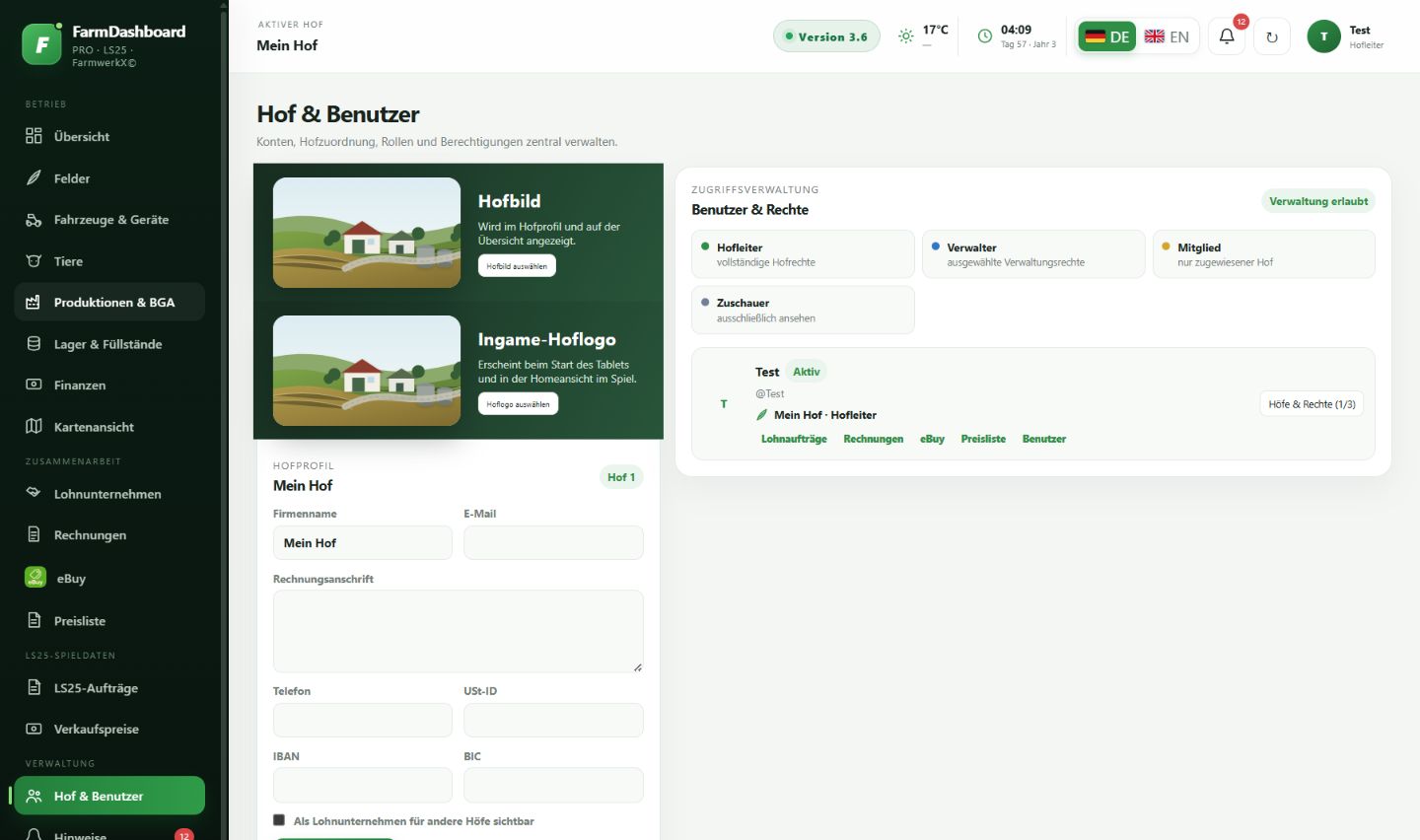 Originalaufnahme: Hof & Benutzer in FarmDashboard PRO