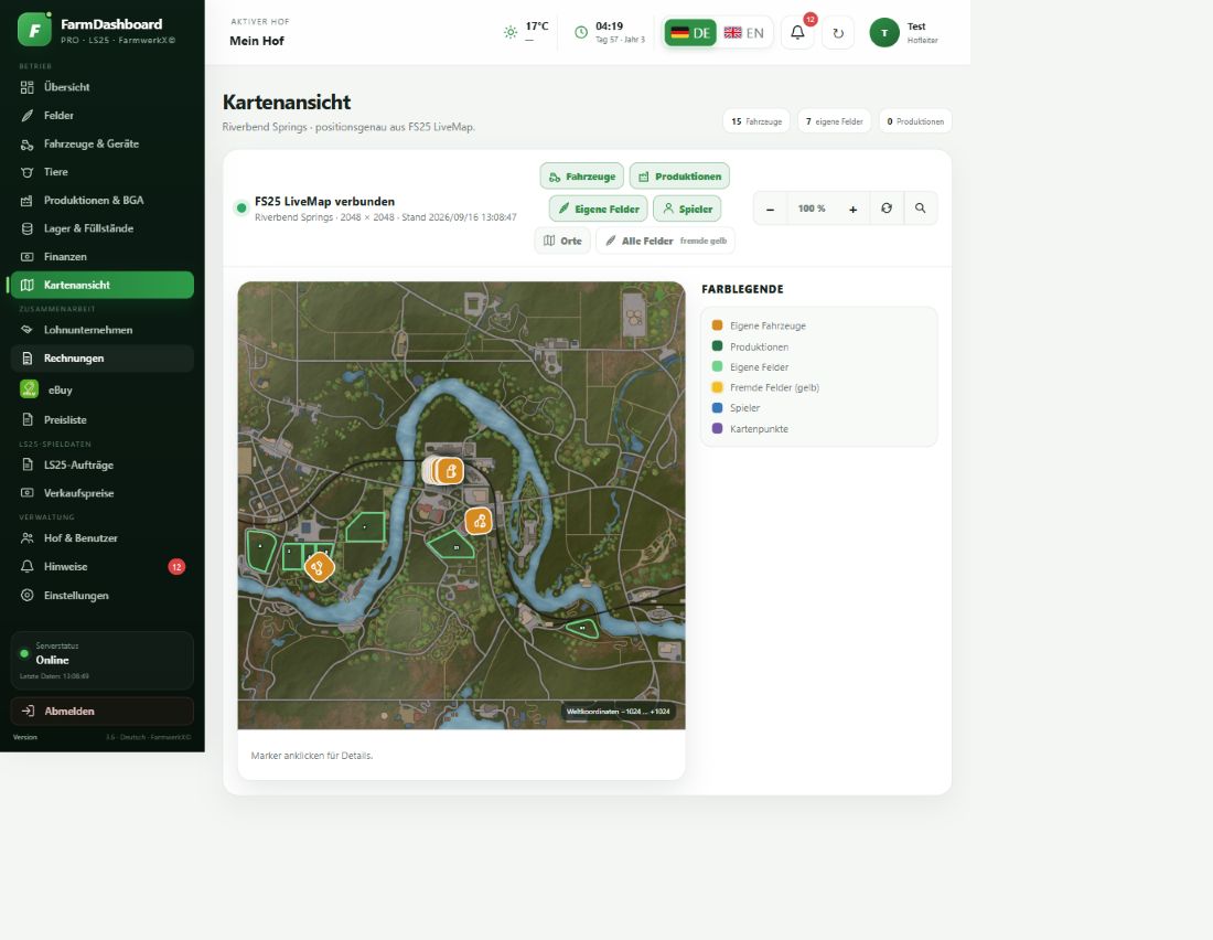 Neue Originalaufnahme: Riverbend Springs LiveMap mit geladenem Kartenhintergrund, Feldkonturen und Fahrzeugpositionen