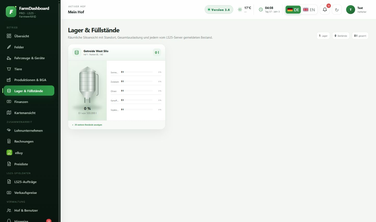 Originalaufnahme: Lager & Füllstände in FarmDashboard PRO
