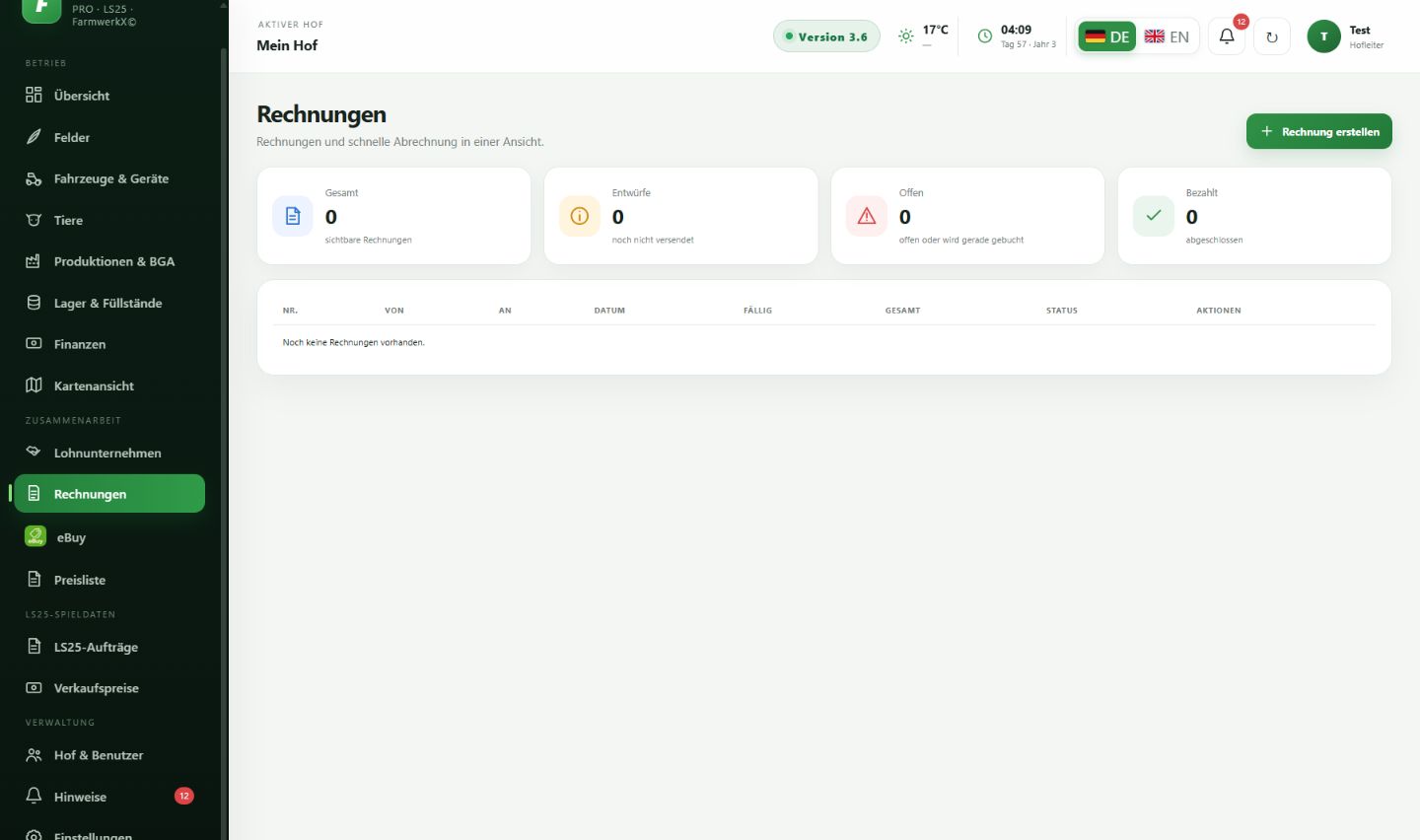 Originalaufnahme: Rechnungen in FarmDashboard PRO