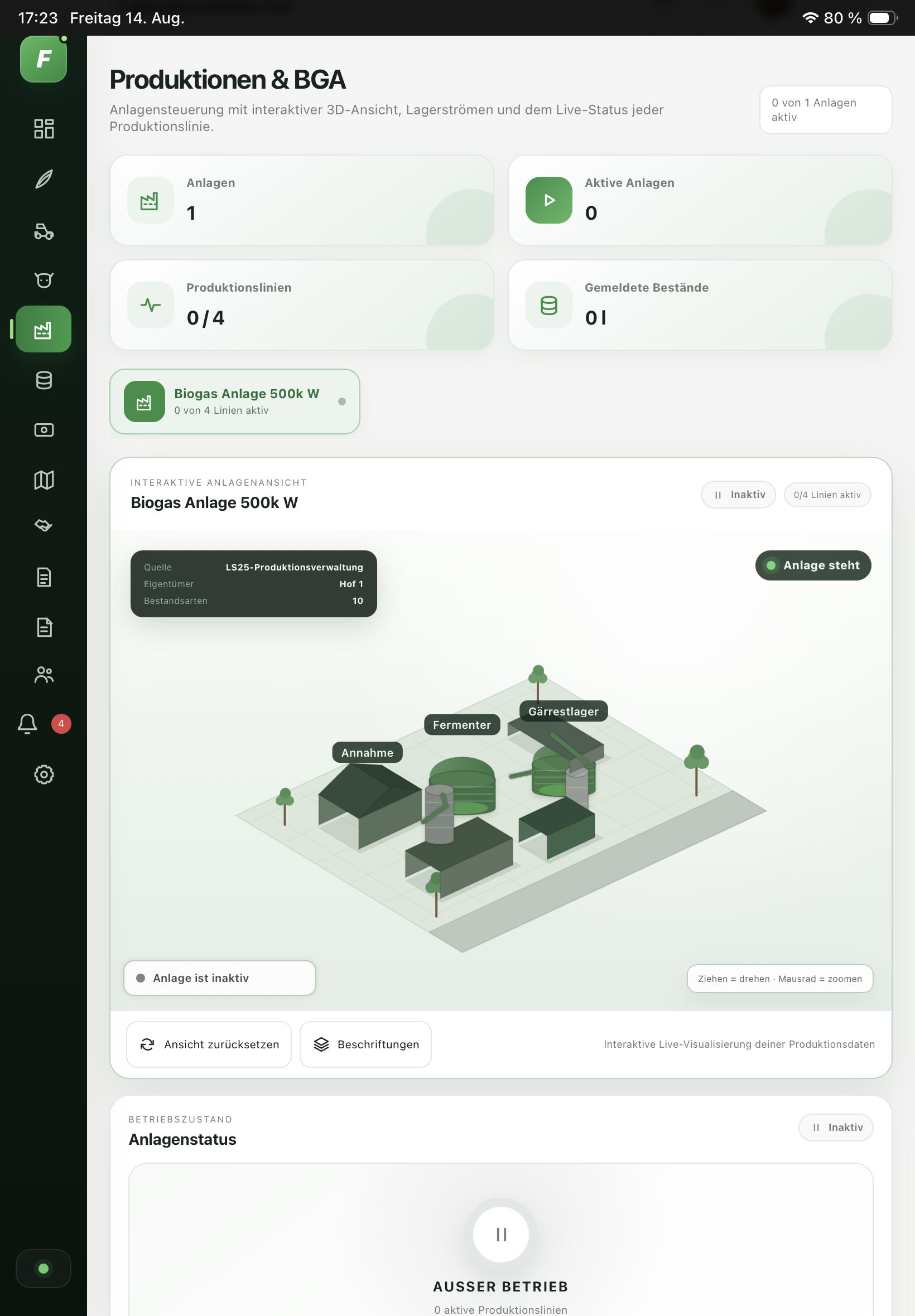 Originalaufnahme: Produktionen & BGA in FarmDashboard PRO